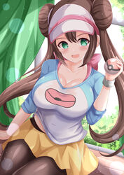  :d bad_id bad_pixiv_id blush breasts brown_hair brown_pantyhose cleavage collarbone commentary_request curtains double_bun female green_eyes hair_between_eyes hair_bun hand_up highres holding holding_poke_ball indoors large_breasts long_sleeves looking_at_viewer pantyhose poke_ball poke_ball_(basic) pokemon pokemon_bw2 rosa_(pokemon) shirt sitting skirt smile solo twintails white_shirt window xenon_(for_achieve) yellow_skirt 