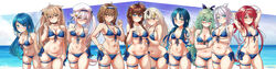  6+girls absurdres ahoge aqua_eyes aqua_hair arthur_ko bare_arms bare_legs bare_shoulders beret bikini black_choker black_ribbon blonde_hair blue_bikini blue_eyes blue_hair blush braid breasts brown_eyes brown_hair choker closed_mouth collarbone commentary_request cosplay cowboy_shot front-tie_bikini_top front-tie_top green_eyes grey_hair grin groin hair_between_eyes hair_flaps hair_ornament hair_ribbon hairclip hand_on_own_hip harusame_(kancolle) hat heterochromia highres holding holding_whistle index_finger_raised kantai_collection kawakaze_(kancolle) kawakaze_kai_ni_(kancolle) large_breasts leaning_forward light_brown_hair long_hair looking_at_viewer low_twintails medium_breasts mole mole_under_eye multiple_girls murasame_(kancolle) murasame_kai_ni_(kancolle) navel ocean pink_hair red_eyes red_hair ribbon samidare_(kancolle) shigure_(kancolle) shigure_kai_san_(kancolle) shigure_kai_san_(kancolle)_(cosplay) shigure_kai_san_(swimsuit)_(kancolle) shiratsuyu_(kancolle) shiratsuyu_kai_ni_(kancolle) side_ponytail sidelocks single_braid small_breasts smile suzukaze_(kancolle) swimsuit thigh_strap twin_braids twintails twitter_username two_side_up umikaze_(kancolle) umikaze_kai_ni_(kancolle) very_long_hair whistle whistle_around_neck white_headwear wide_image yamakaze_(kancolle) yamakaze_kai_ni_(kancolle) yellow_eyes yuudachi_(kancolle) yuudachi_kai_ni_(kancolle) 