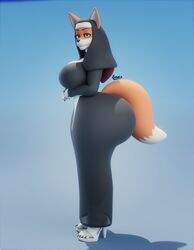  2023 3d_(artwork) absurd_res anthro ass big_breasts big_butt breasts canid canine clothed clothing digital_media_(artwork) dipstick_tail edith_bellbottom female footwear fox hi_res high_heels huge_butt mammal markings nun rumakis solo tail tail_markings white_clothing white_footwear white_high_heels 