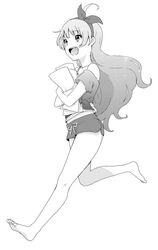  ahoge bare_shoulders barefoot bow clothing_cutout commentary_request eyelashes female full_body greyscale hairband hairbow holding holding_paper idolmaster idolmaster_million_live! long_hair looking_ahead midriff monochrome open_mouth paper running shimabara_elena shirt shorts shoulder_cutout smile solo teeth tied_shirt upper_teeth_only waist_ribbon wavy_hair white_background witoi_(roa) 