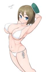  absurdres arms_behind_head beret bikini blue_eyes breasts breasts_day brown_hair feet_out_of_frame female good_breasts_day green_hat hair_ornament hat highres kantai_collection large_breasts looking_at_viewer maru_(marg0613) maya_(kancolle) mini_hat one-hour_drawing_challenge short_hair side-tie_bikini_bottom simple_background solo swimsuit white_background white_bikini x_hair_ornament 