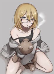  aki_(tabao) black_tank_top blonde_hair blue_eyes cigarette collarbone commentary_request female glasses grey_background grey_jacket hair_between_eyes highres jacket jacket_partially_removed off_shoulder open_clothes open_jacket original partial_commentary short_hair shorts simple_background sitting smoke smoking solo strap_slip stuffed_animal stuffed_toy tabao tank_top teddy_bear 