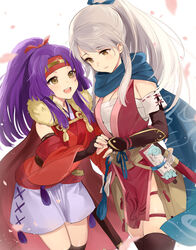  2girls bandages black_gloves black_thighhighs chest_sarashi fingerless_gloves fire_emblem fire_emblem:_radiant_dawn fire_emblem_heroes gloves hair_ribbon haru_(nakajou-28) headband highres japanese_clothes long_hair micaiah_(fire_emblem) micaiah_(ninja)_(fire_emblem) multiple_girls ninja official_alternate_costume official_alternate_hairstyle open_mouth ponytail purple_hair ribbon sanaki_kirsch_altina sanaki_kirsch_altina_(ninja) sarashi scarf thighhighs white_hair yellow_eyes 