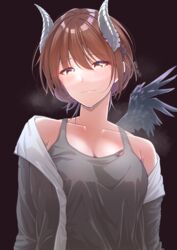  aketa_mikoto black_wings breasts brown_hair cleavage collarbone commentary demon_horns feathered_wings female grey_jacket grey_tank_top highres horns idolmaster idolmaster_shiny_colors jacket jacket_partially_removed kagin_(kagou_shita_nanika) large_breasts looking_at_viewer mini_wings simple_background single_wing solo steaming_body tank_top twitter_username upper_body wings 