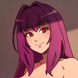  akairiot collarbone fate/grand_order fate_(series) female hair_intakes highres long_hair looking_at_viewer nude partially_shaded_face portrait purple_hair red_eyes scathach_(fate) simple_background smile solo 