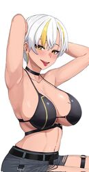  arms_behind_head belt bikini bikini_top_only black_belt black_bikini black_choker blonde_hair breasts breasts_day choker cleavage collarbone female good_breasts_day grey_shorts highres kuon_bb large_breasts luvdia multicolored_hair navel_piercing o-ring o-ring_bikini o-ring_thigh_strap park_dona piercing short_hair shorts solo streaked_hair swimsuit tan thigh_strap tongue tongue_piercing virtual_youtuber white_hair yellow_eyes 