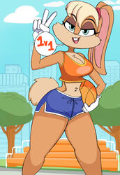  absurd_res anthro ball basketball_(ball) bleachers bottomwear breasts buckteeth cleavage clothed clothing dolphin_shorts ears_down female gesture hand_gesture hi_res lagomorph leporid lola_bunny looney_tunes mammal midriff onibi open_mouth pivoted_ears plant rabbit shirt shorts small_waist solo tail tank_top teeth thick_thighs topwear tree v_sign warner_brothers 