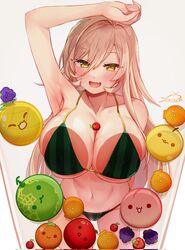  against_glass apple arm_up armpits artist_name between_breasts bikini blonde_hair breast_press breasts breasts_on_glass cantaloupe cherry corrupted_twitter_file female festa11307070 food food_print fruit grapes green_bikini highres huge_breasts long_hair looking_at_viewer nashi_pear naughty_face navel nijisanji nui_sociere oerba_yun_fang open_mouth orange_(fruit) peach persimmon pineapple print_bikini skin_fang smile solo strawberry string_bikini striped_bikini striped_clothes suika_game swimsuit vertical-striped_bikini vertical-striped_clothes very_long_hair virtual_youtuber watermelon_print white_background yellow_eyes 