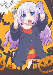  :o bad_id bad_pixiv_id bat_(animal) black_coat black_footwear blue_eyes coat cosplay english_text facepaint female frankenstein&#039;s_monster frankenstein&#039;s_monster_(cosplay) halloween halloween_costume highres jack-o&#039;-lantern kanna_kamui kobayashi-san_chi_no_maidragon long_hair object_through_head open_mouth outstretched_arms oversized_clothes patchwork_skin purple_hair screw_in_head solo stitched_face stitches tabayan_jigokuhen trick_or_treat zombie_pose 