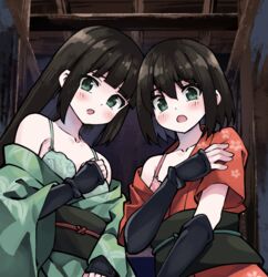  2girls :o bad_id bad_pixiv_id bare_shoulders black_gloves black_hair blunt_bangs blush bob_cut bra breasts collarbone commentary curled_fingers elbow_gloves embarrassed fingerless_gloves floral_print from_below gendai_ninjakko_zukan gloves green_bra green_eyes green_kimono green_sash hand_on_own_chest japanese_clothes kimono kouno_hikaru lace-trimmed_bra lace_trim long_hair looking_at_viewer momochi_momoka momochi_yurika multiple_girls ninja obi obi_bow obijime off_shoulder open_mouth orange_kimono original pink_bra plant_print sash short_hair siblings sidelocks sisters small_breasts twins underwear undressing wooden_ceiling wooden_wall 