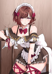  absurdres arm_garter bare_shoulders black_thighhighs blush bow breasts brown_hair cleavage closed_mouth collar dress female frilled_dress frills hair_ornament hairbow hairclip highres higuchi_madoka holding holding_pastry_bag idolmaster idolmaster_shiny_colors indoors large_bow looking_at_viewer maid_headdress medium_breasts mole mole_under_eye nonbire off-shoulder_dress off_shoulder pastry_bag purple_eyes red_bow red_collar red_ribbon ribbon short_hair short_sleeves solo swept_bangs thighhighs v-shaped_eyebrows white_bow wrist_ribbon 