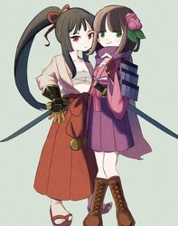  2girls black_hair brown_footwear brown_hair bushidou_(sekaiju) bushidou_2_(sekaiju) bushidou_4_(sekaiju) chest_sarashi closed_mouth commentary_request flower full_body gloves green_eyes hair_flower hair_ornament hair_ribbon hakama hakama_skirt highres japanese_clothes long_hair long_skirt mikamseizin multiple_girls ponytail red_eyes red_skirt ribbon sandals sarashi sekaiju_no_meikyuu sekaiju_no_meikyuu_1 simple_background skirt smile socks sword tabi weapon zouri 