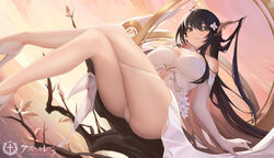  absurdly_long_hair ainrichman antlers ass azur_lane bare_shoulders black_hair branch breasts crossed_legs dress female flower from_below green_eyes hair_flower hair_on_horn hair_ornament hand_on_own_cheek hand_on_own_face hand_up high_heels highres horns huge_breasts in_tree indomitable_(azur_lane) logo long_hair panties sitting sitting_in_tree tree underwear very_long_hair white_dress white_panties 