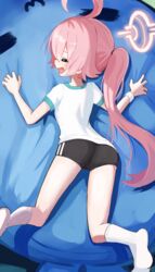  =_= absurdres ahoge alternate_costume black_buruma blue_archive blush buruma cushion cushion_grab feet_up female foot_out_of_frame gym_shirt gym_uniform halo highres hoshino_(blue_archive) legs lying no_shoes oerba_yun_fang on_stomach pink_hair ponytail profile shirt short_sleeves smile socks soles solo thomason366 white_socks wristband 