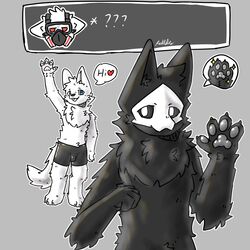  1:1 absurd_res animal_humanoid anthro black_body black_fur blue_eyes bulge canid canid_humanoid canine canine_humanoid changed_(video_game) claws clothed clothing colored digital_drawing_(artwork) digital_media_(artwork) dr._k_(changed) duo_focus english_text finger_claws fur gas_mask gesture goo_creature group heart_symbol hi_res humanoid light lighting lin_(changed) looking_at_viewer male mammal mammal_humanoid mask neck_tuft pawpads paws puro_(changed) question_mark red_eyes redtale shaded signature simple_background sparkles speech_bubble text tuft underwear underwear_only waving waving_at_viewer waving_hand white_body white_fur 