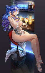  absurdres azur_lane bar_stool bare_legs blue_hair blue_nails bottle bracelet breasts cherry cleavage cowl_neck crossed_legs cup dress drink drinking_glass evening_gown feet female food fruit full_body high_heels highres iitsumonemu jewelry large_breasts legs long_legs looking_at_viewer nail_polish necklace official_alternate_costume orange_(fruit) orange_slice plunging_neckline purple_eyes revealing_clothes side_ponytail silver_dress sitting st._louis_(azur_lane) st._louis_(luxurious_wheels)_(azur_lane) stool strappy_heels toenail_polish toenails toes 