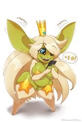  belly big_breasts breasts clothing electronics female goblin green_body green_skin happy hi_res huge_breasts huge_ears humanoid legwear long_glove not_furry open_mouth pasties phone queen regina_(huffslove) royalty shamziwhite slightly_chubby stockings thick_thighs 