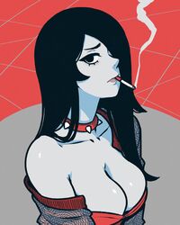  akairiot bare_shoulders black_hair breasts choker cigarette cleavage female hair_over_one_eye highres large_breasts long_hair looking_at_viewer original shiny_skin simple_background smoke smoking solo spiked_choker spikes 