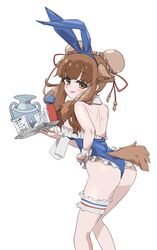  absurdres alternate_costume bactrian_camel_(kemono_friends) bare_shoulders blue_leotard blunt_bangs blush brown_eyes brown_hair bun_cover camel_ears camel_girl camel_tail cowboy_shot detached_collar double_bun female frilled_leotard frills hair_bun highres kemono_friends kunikuni_(kunihiro2005) leotard looking_at_viewer looking_back playboy_bunny short_hair sidelocks solo strapless strapless_leotard thigh_strap towel_on_arm tray 