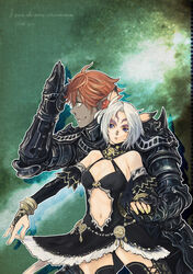  1boy :o adventurer_(ff11) animal_ears armor bare_shoulders black_armor black_bridal_gauntlets black_dress black_panties black_thighhighs breasts bridal_gauntlets cat_ears cat_girl cat_tail cleavage closed_mouth clothing_cutout cross-laced_clothes cross-laced_legwear cursive dancer dancer_(final_fantasy) dark-skinned_male dark_knight_(final_fantasy) dark_skin doraeshi dress drop_shadow elf elvaan english_text engrish_text facial_mark feather_hair_ornament feathers female final_fantasy final_fantasy_xi fingernails flower gauntlets green_eyes green_nails hair_flower hair_ornament halter_dress halterneck hand_up highres holding_hands legs_apart medium_breasts mithra_(ff11) nail_polish navel_cutout no_eyebrows open_mouth orange_hair outline panties pantyshot pointy_ears purple_eyes ranguage red_flower short_dress short_hair shoulder_armor shoulder_spikes smile spiked_armor spikes standing tail thighhighs underwear whisker_markings white_feathers white_hair white_outline 