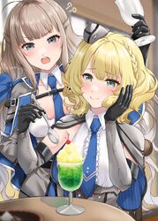  2girls absurdres ahoge black_gloves blonde_hair blue_eyes blue_necktie braid breasts center_frills closed_mouth collared_shirt colorado_(kancolle) cream_soda cup drink eating elbow_gloves french_braid frills garrison_cap gloves grey_headwear hat highres holding holding_cup holding_spoon kantai_collection large_breasts long_hair maryland_(kancolle) multiple_girls necktie open_mouth shiomugi_(shio_mugi1107) shirt short_hair sleeveless sleeveless_shirt smile spoon white_shirt 