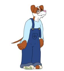  2023 anthro blue_bottomwear blue_clothing blue_overalls blue_shirt blue_topwear bottomwear brown_body brown_ears brown_fur brown_tail canid canine canis clothed clothing dan_beou_(pupsnbuns) digital_media_(artwork) dirty dirty_clothing dirty_socks domestic_dog eyewear fangs footwear fur glasses hair half-closed_eyes hi_res male mammal narrowed_eyes overalls pink_nose pupsnbuns sharp_teeth shirt shoeless smile socks solo standing tail teeth three-quarter_view topwear white_body white_clothing white_fur white_hair 