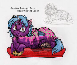  2022 alicorn ambiguous_gender amputee blue_body blue_eyebrows blue_eyes blue_feathers blue_mane blue_tail brown_eyes colored_pencil_(artwork) disability ed_mortis equid equine eyebrows eyelashes feathers feral fluffy_pony fluffy_pony_(species) fur green_body green_fur green_markings heterochromia hooves horn lying mammal mane markings missing_leg mythological_creature mythological_equine mythology partial_heterochromia pillow pink_body pink_fur purple_body purple_fur shaded simple_background small_wings smile solo stump_scar tail tan_hooves traditional_media_(artwork) unguligrade watermark white_background wings 