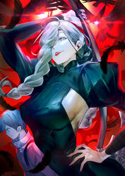  1boy absurdres arm_up axe bird black_bird black_feathers braid braided_bangs breasts brother_and_sister falling_feathers feathers female grey_eyes grey_hair hair_over_one_eye hand_on_own_hip high_collar highres holding holding_axe holding_weapon jujutsu_kaisen large_breasts long_hair mei_mei_(jujutsu_kaisen) one_eye_covered purple_nails red_lips siblings sideboob tokopi ui_ui_(jujutsu_kaisen) upper_body weapon 