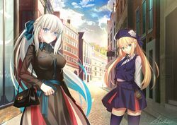  2girls absurdres alternate_costume arms_behind_back artoria_caster_(fate) artoria_pendragon_(fate) bag beret black_bag black_dress blonde_hair blue_bow blue_eyes blue_headwear blue_ribbon blue_skirt blue_thighhighs blue_vest bow braid breasts building chain_necklace chains closed_mouth cloud cloudy_sky collared_dress collared_shirt contemporary dress fate/grand_order fate_(series) green_eyes grey_hair hair_between_eyes hairbow half_up_braid handbag hat highres jewelry long_hair long_sleeves looking_at_viewer medium_breasts mishiro_(ixtlolton) morgan_le_fay_(fate) multiple_girls neck_ribbon necklace parody pavement ponytail ribbon sett shirt sidelocks skirt sky smile style_parody takeuchi_takashi_(style) thighhighs twintails very_long_hair vest white_shirt 