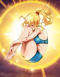  bare_arms bare_legs barefoot blonde_hair blue_sports_bra blush breasts closed_eyes crop_top english_commentary feet female fetal_position folded full_body gameplay_mechanics high_ponytail highres knees_up legs legs_together long_hair medium_breasts metroid mina_cream samus_aran short_shorts shorts solo sports_bra super_metroid thighs toenails toes 