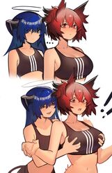  ! !! 2girls absurdres arknights bare_shoulders black_sports_bra blue_eyes blue_hair breasts cleavage commentary crop_top distr english_commentary fiammetta_(arknights) grabbing grabbing_another&#039;s_breast grabbing_from_behind halo highres horns large_breasts long_hair medium_support_(meme) meme midriff mostima_(arknights) multiple_girls multiple_views open_mouth pointy_hair red_eyes red_hair short_hair simple_background smile sports_bra striped striped_sports_bra surprised vertical-striped_sports_bra white_background yuri 