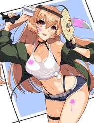  adapted_costume alternate_costume belt black_gloves black_shorts breasts brown_eyes cleavage cowboy_shot crop_top denim denim_shorts female fingerless_gloves gloves grey_jacket highleg highleg_panties highres hockey_mask jacket johnston_(kancolle) kantai_collection light_brown_hair long_hair machete mask md5_mismatch medium_breasts panties resolution_mismatch shiba_(zudha) shirt short_shorts shorts solo source_larger tank_top tied_shirt two_side_up underwear white_belt 