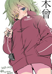  character_name commentary_request dated eyepatch female fish_bone from_below fujii_rino green_eyes green_hair hand_in_pocket jacket kantai_collection kiso_(kancolle) kiso_kai_ni_(kancolle) official_alternate_costume one-hour_drawing_challenge panties pantyshot red_jacket short_hair simple_background solo tongue tongue_out twitter_username underwear white_background 