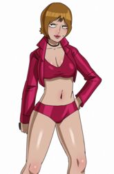  1girls anime_style brown_hair choker cleavage collarbone female female_focus female_only fully_clothed grand_theft_auto grand_theft_auto_iii greko_(artist) hand_on_hip jacket large_breasts misty_(gta) navel pink_lipstick prostitute short_hair shorts solo sports_bra 