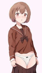  blush bow bowtie brown_bow brown_bowtie brown_eyes brown_hair brown_sailor_collar brown_shirt brown_skirt collarbone commentary female kouzuki_mahiru long_sleeves looking_at_viewer open_mouth panties pleated_skirt sailor_collar school_uniform serafuku shirt short_hair skirt solo triangle_(zztg3775) underwear undressing white_background white_panties yoru_no_kurage_wa_oyogenai 