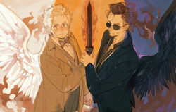  2024 abstract_background angel angel_humanoid aziraphale_(good_omens) black_wings bow_tie clothed clothing coat contrast crowley_(good_omens) detailed detailed_feathers duo eyewear fallen_angel feathered_wings feathers fire good_omens hair hand_holding hi_res holding_melee_weapon holding_object holding_sword holding_weapon humanoid looking_at_viewer luminous_slime male male/male melee_weapon not_furry shaded short_hair suit sunglasses sword topwear weapon white_wings winged_humanoid wings 