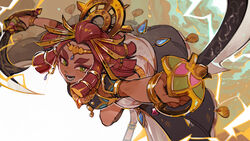  2023 accessory blue_lipstick clothed clothing cloud dual_wielding electricity female footwear gem gerudo gold_(metal) gold_jewelry green_eyes hair hair_accessory hair_ring holding_object holding_weapon humanoid jewelry lightning lipstick luminous_slime makeup nintendo not_furry open_mouth open_smile red_hair riju shoes simple_background smile solo tan_body tan_skin tears_of_the_kingdom the_legend_of_zelda weapon white_background 