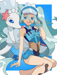  :d absurdres bare_legs blue_background blue_eyes border bracelet chi_inonaka colored_eyelashes commentary_request female green_hair hair_between_eyes hand_up hatsune_miku highres jewelry long_hair looking_at_viewer open_mouth outside_border pokemon pokemon_(creature) primarina project_voltage smile swimsuit tan tanlines twintails visor_cap vocaloid water_miku_(project_voltage) white_border zipper_pull_tab 