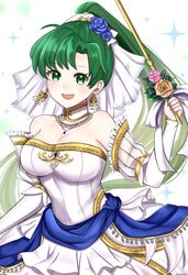  :d blue_flower blue_rose breasts bride cleavage detached_sleeves dress earrings eyelashes female fire_emblem fire_emblem:_the_blazing_blade fire_emblem_heroes flower green_eyes green_hair hair_flower hair_ornament highres holding holding_staff jewelry large_breasts long_hair lyn_(bridal)_(fire_emblem) lyn_(fire_emblem) official_alternate_costume open_mouth otokajife ponytail rose smile solo staff strapless strapless_dress upper_body very_long_hair wedding_dress white_dress 