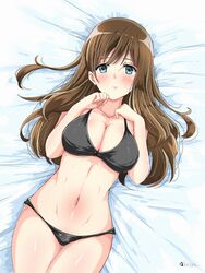  artist_name bikini black_bikini blue_eyes blush breasts brown_hair female hibike!_euphonium highres kuroe_mayu large_breasts long_hair looking_at_viewer lying navel on_back on_bed parted_lips satya solo swimsuit 