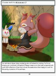  absurd_res campfire clothing cooking cooking_pot dialogue dress duo english_text generation_3_pokemon generation_5_pokemon generation_8_pokemon hi_res hybrid male minccino minun morgan_(rodent_powered) narration nintendo pepper_(rodent_powered) pokemon pokemon_(species) pokemon_mystery_dungeon rock rodent_powered_(softestpuffss) skwovet softestpuffss spike_chunsoft steam text 