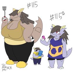  1:1 2019 anthro baby_kangaskhan big_breasts blush breasts claws clothed clothing digital_media_(artwork) female generation_1_pokemon generation_6_pokemon group hair hi_res huge_breasts kangaskhan mammal mega_evolution mega_kangaskhan mother_(lore) nintendo parent_(lore) pokemon pokemon_(species) red_eyes simple_background smile son_(lore) thick_thighs tmm4 toe_claws white_background 