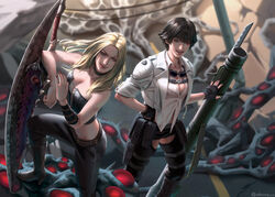  2girls black_hair black_legwear black_nails black_pants blonde_hair breasts chaps choker cleavage commentary cropped_jacket devil_may_cry_(series) devil_may_cry_5 fingerless_gloves gloves goggles goggles_around_neck hand_on_own_hip heterochromia highres kalina_ann_(weapon) lady_(devil_may_cry) long_hair multiple_girls nail_polish open_mouth pants red_nails short_hair short_shorts shorts smile sparda_(sword) strapless sword trish_(devil_may_cry) tube_top weapon whoareuu 