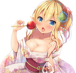  :o bag blonde_hair blue_eyes blush breasts candy_apple cleavage collarbone commentary_request elf female fish floral_print food hair_ornament hands_up has_bad_revision has_downscaled_revision highres holding holding_food japanese_clothes kimono large_breasts long_hair looking_at_viewer md5_mismatch mori_airi obi open_mouth original pink_kimono plastic_bag pointy_ears resolution_mismatch sash sidelocks simple_background solo source_smaller tongue tongue_out upper_body white_background wide_sleeves 