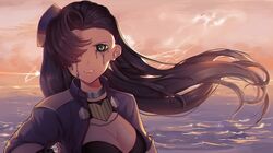  arizona_(azur_lane) azur_lane backlighting bad_id bad_pixiv_id black_hair blue_eyes blue_jacket breasts cleavage clenched_teeth collar commentary crying english_commentary evening female hat jacket lionrion long_hair looking_at_viewer metal_collar ocean oil outdoors runny_makeup solo sunset tears teeth water 