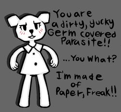  2019 angry anthro bear blush cartoon_network clothing digital_media_(artwork) dress english_text eyelashes female looking_at_viewer mammal on_model paper paper_creature pseudofaun shaded simple_background solo standing teri_(tawog) text the_amazing_world_of_gumball toony ursine 