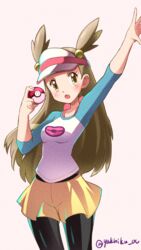  arm_up bad_id bad_pixiv_id black_pantyhose breasts brown_eyes brown_hair commentary_request cosplay female highres holding holding_poke_ball jasmine_(pokemon) long_hair looking_at_viewer miyama_(yakinikusushi_the_royal) open_mouth pantyhose pantyhose_under_shorts pink_background poke_ball poke_ball_(basic) pokemon pokemon_bw2 pokemon_hgss rosa_(pokemon) rosa_(pokemon)_(cosplay) shorts small_breasts solo twitter_username very_long_hair visor_cap 