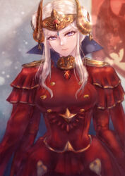  aged_up alternate_hairstyle blonde_hair blue_eyes breasts cape closed_mouth commentary_request corset crown double_bun dress edelgard_von_hresvelg feh_xeri female fire_emblem fire_emblem:_three_houses hair_bun hair_ornament hair_up headpiece medium_breasts red_dress solo upper_body 