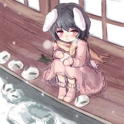  animal_ears black_hair blush breath commentary_request dress female furorida inaba_tewi mittens pink_dress rabbit_ears rabbit_tail red_eyes runny_nose scarf sitting snot snow snow_rabbit snowball socks tail touhou 