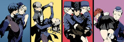  4boys 5girls amamiya_ren ass black_hair blonde_hair blue_eyes blush braid caroline_(persona_5) carrying carrying_over_shoulder club3 commentary dancing elizabeth_(persona) eyepatch gekkoukan_high_school_uniform glasses gloves hat highres justine_(persona_5) long_hair looking_at_viewer margaret_(persona) multiple_boys multiple_girls narukami_yuu persona persona_3 persona_3_portable persona_4 persona_5 photoshop_(medium) princess_carry school_uniform shiomi_kotone short_hair simple_background smile theodore_(persona) white_hair yellow_eyes yuuki_makoto_(persona_3) 